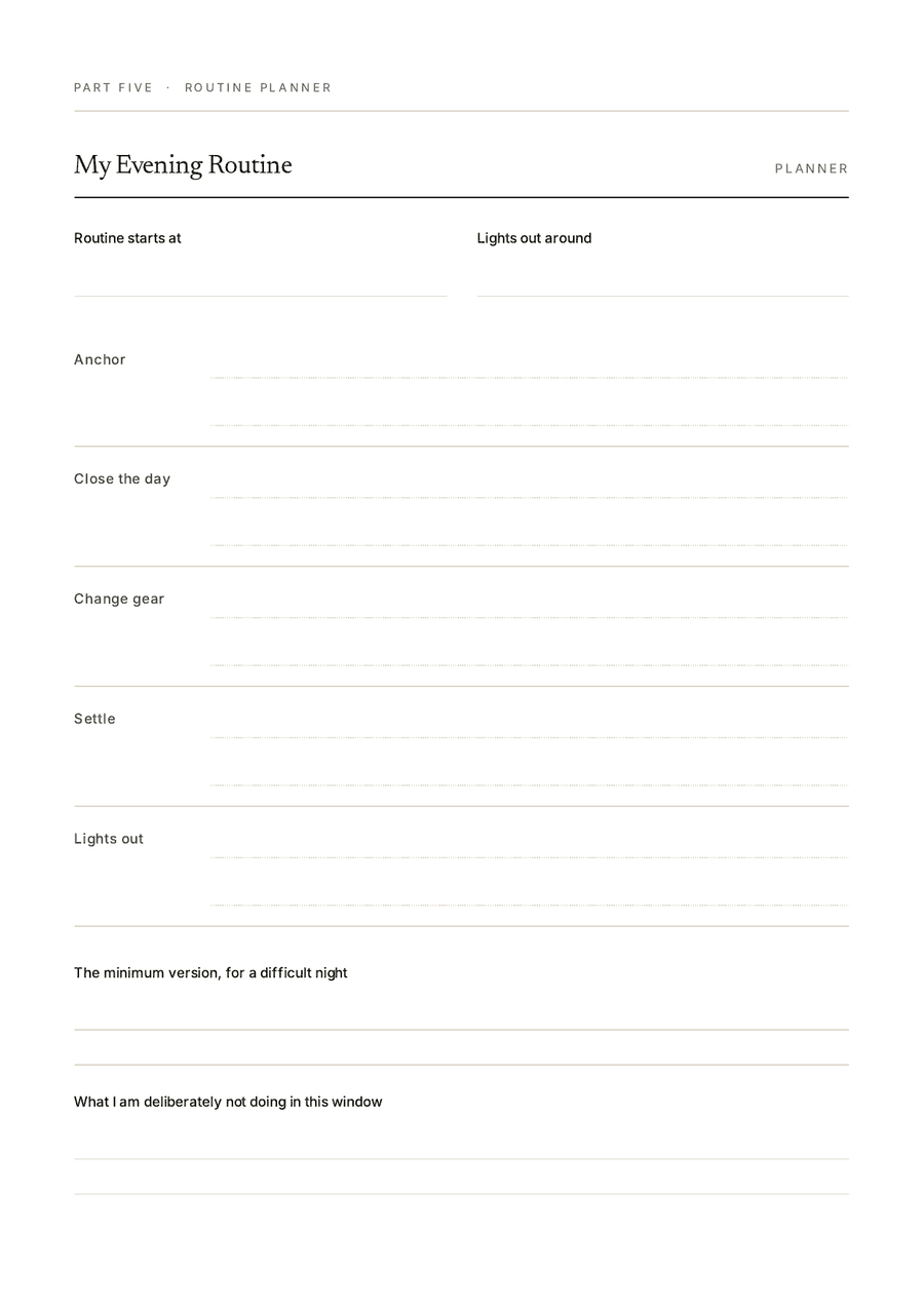 Sample page from Part Five: the Evening Routine planner